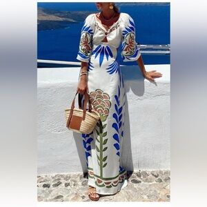 Elegant White and Blue Floral Maxi Dress